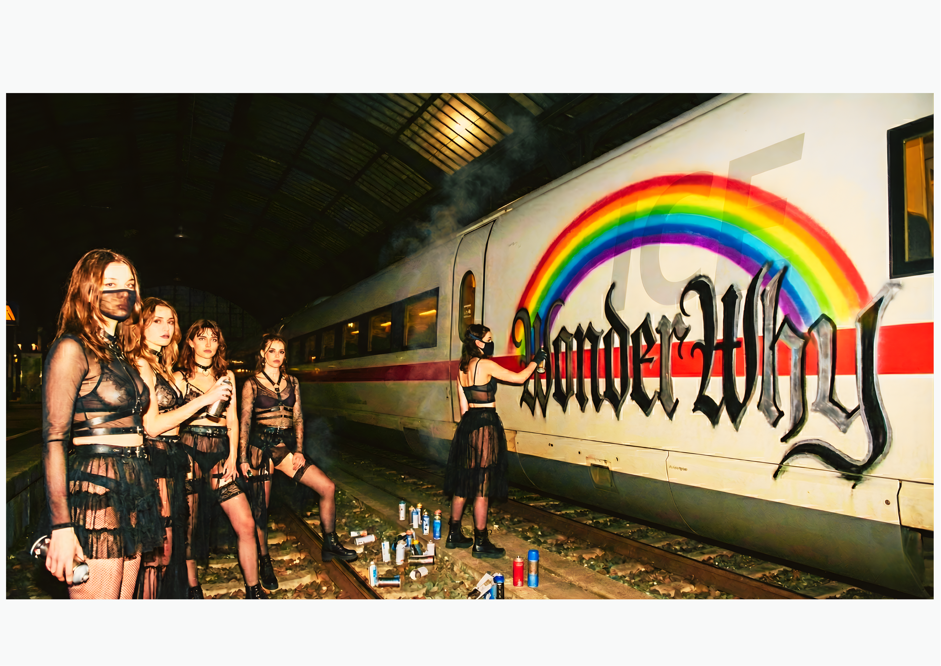 Lustige frauen malen ein bild an einen Zug mit einem regenbogen in Berlin